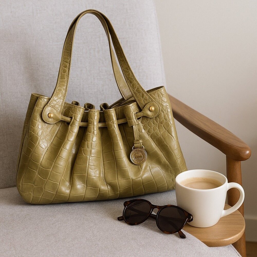 Brahmin Olive Croc-Embossed Leather Shoulder Bag
